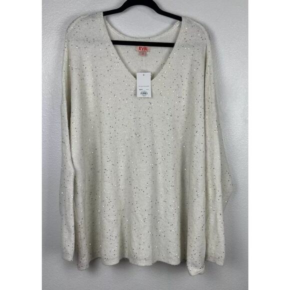 EVRI Women's Ivory Sequined Sweater Drop Shoulder V-Neck Stretch Festive 3X NEW - Picture 1 of 6